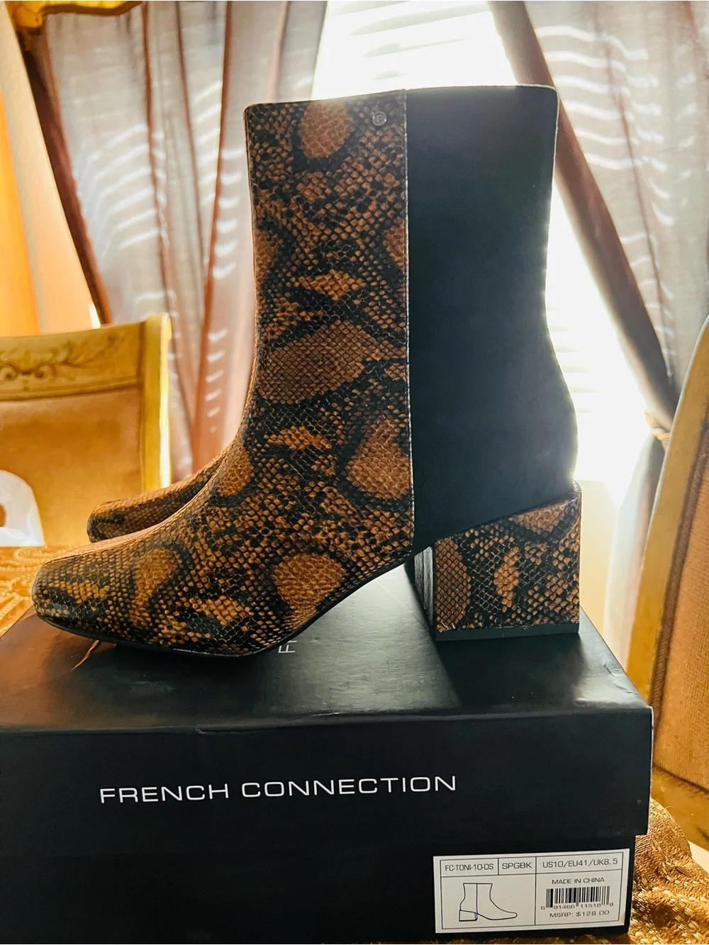 French Connection Black and Brown Snake-Print Block Heel Ankle Boots